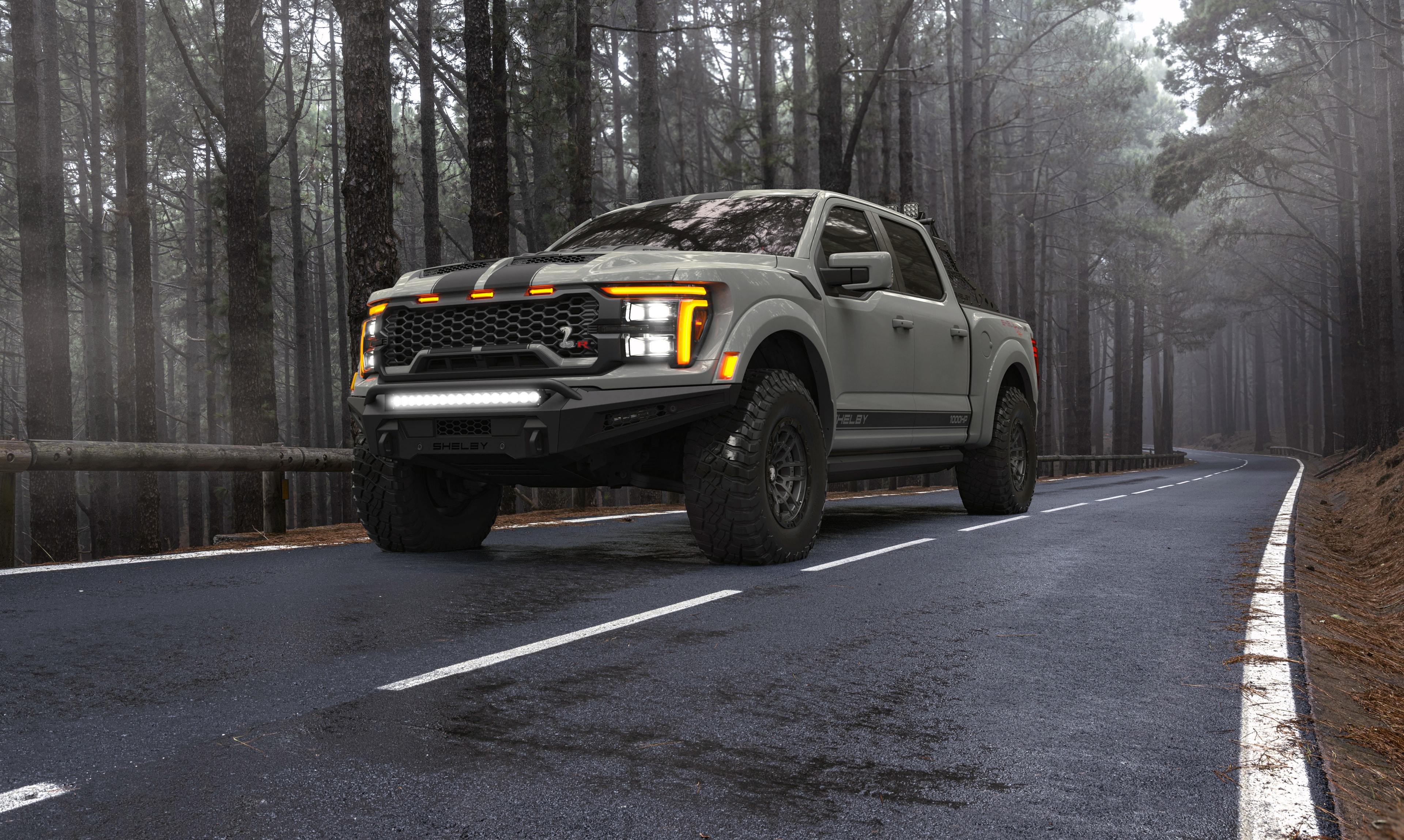 2026 Shelby Raptor R silver front misty forest road