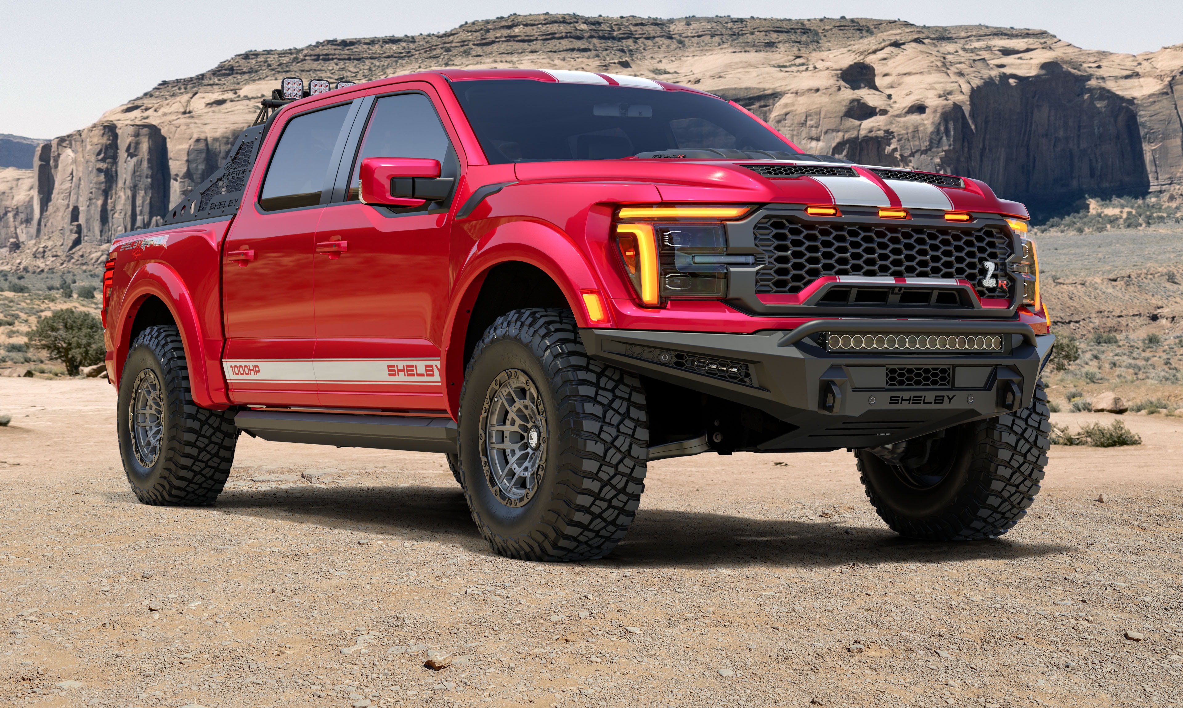 2026 Shelby Raptor R red white front 3/4 desert buttes