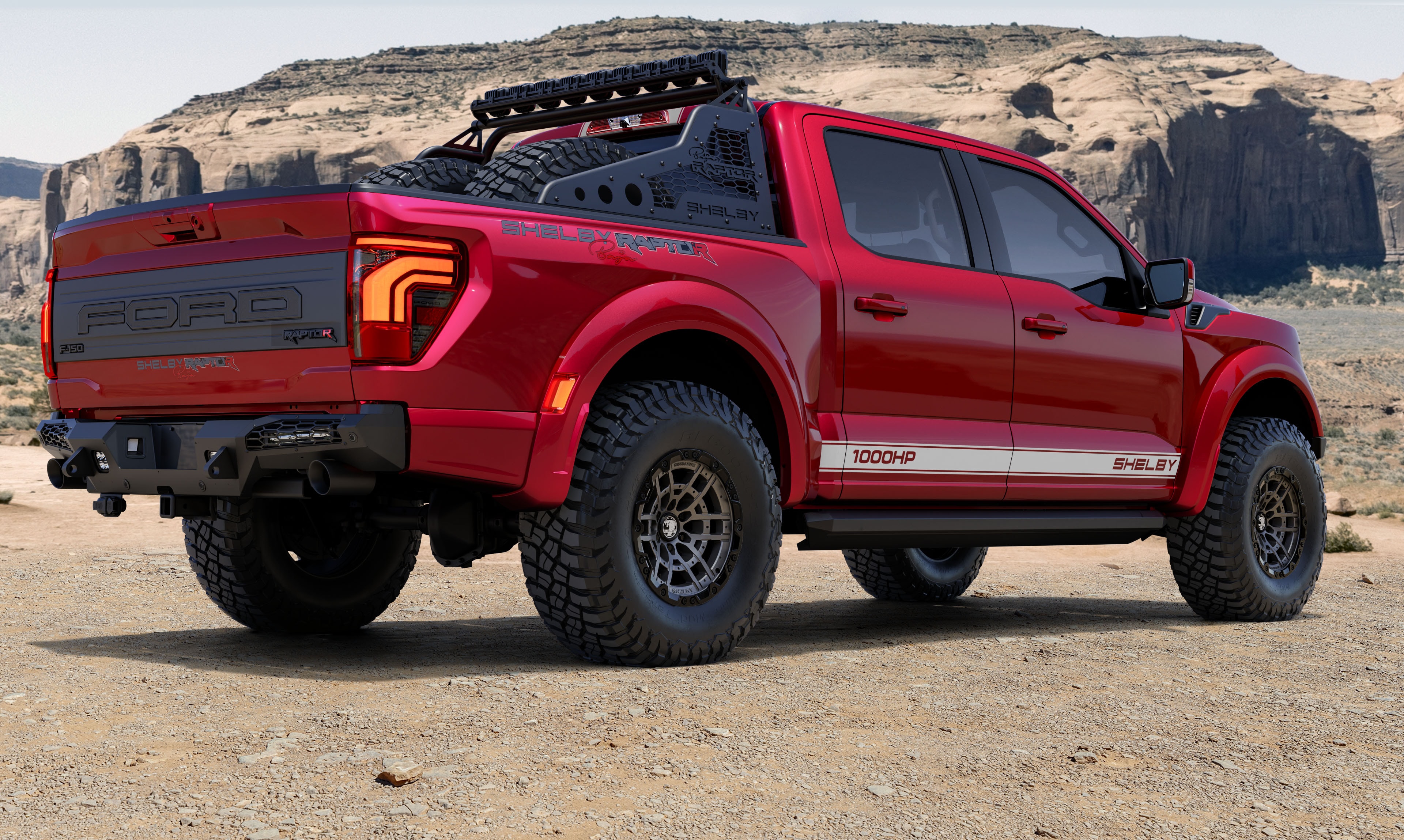 2026 Shelby Raptor R red white rear 3/4 desert buttes