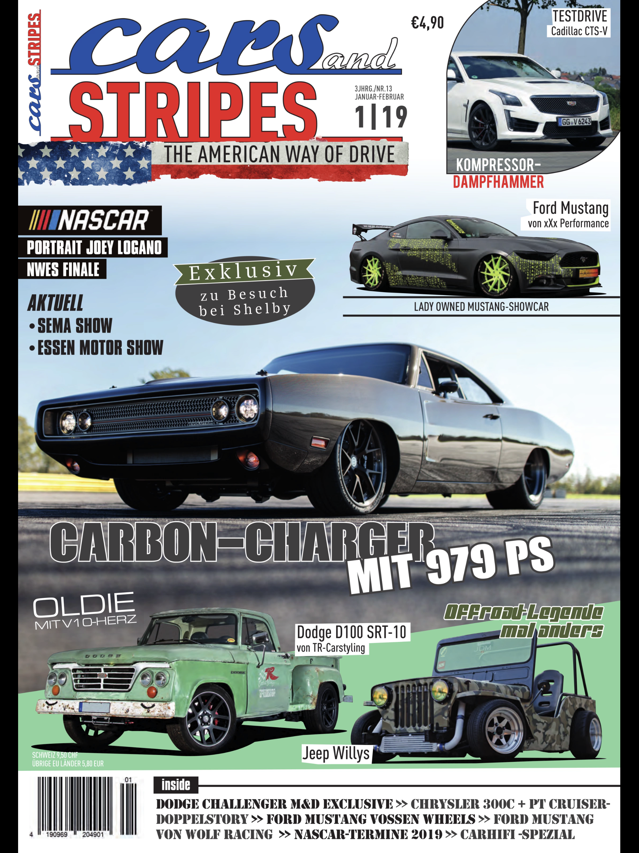 Cars & Stripes 1/19 cover — Carbon-Charger 979 PS lead story, Exklusiv zu Besuch bei Shelby teaser