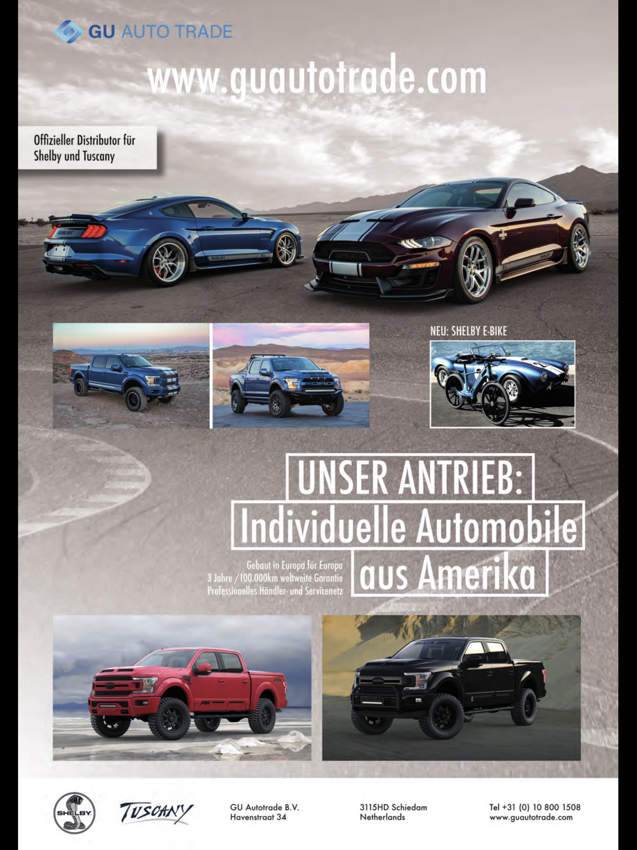 GU Auto Trade full-page advertisement — Shelby GT350, Super Snake, F-150 trucks, Tuscany models, and Shelby e-bike, with GU Autotrade B.V. Schiedam Netherlands contact details