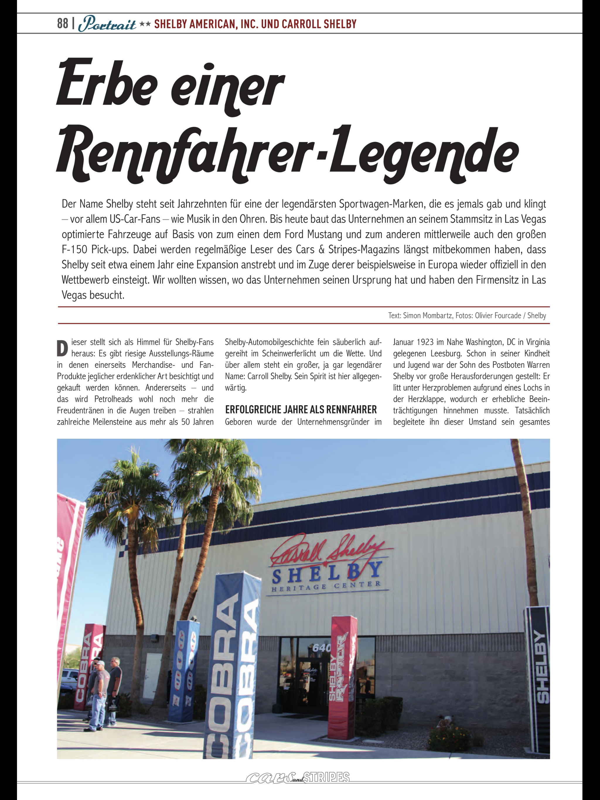 Cars & Stripes — Erbe einer Rennfahrer-Legende page 88, portrait opening with Shelby Heritage Center Las Vegas exterior