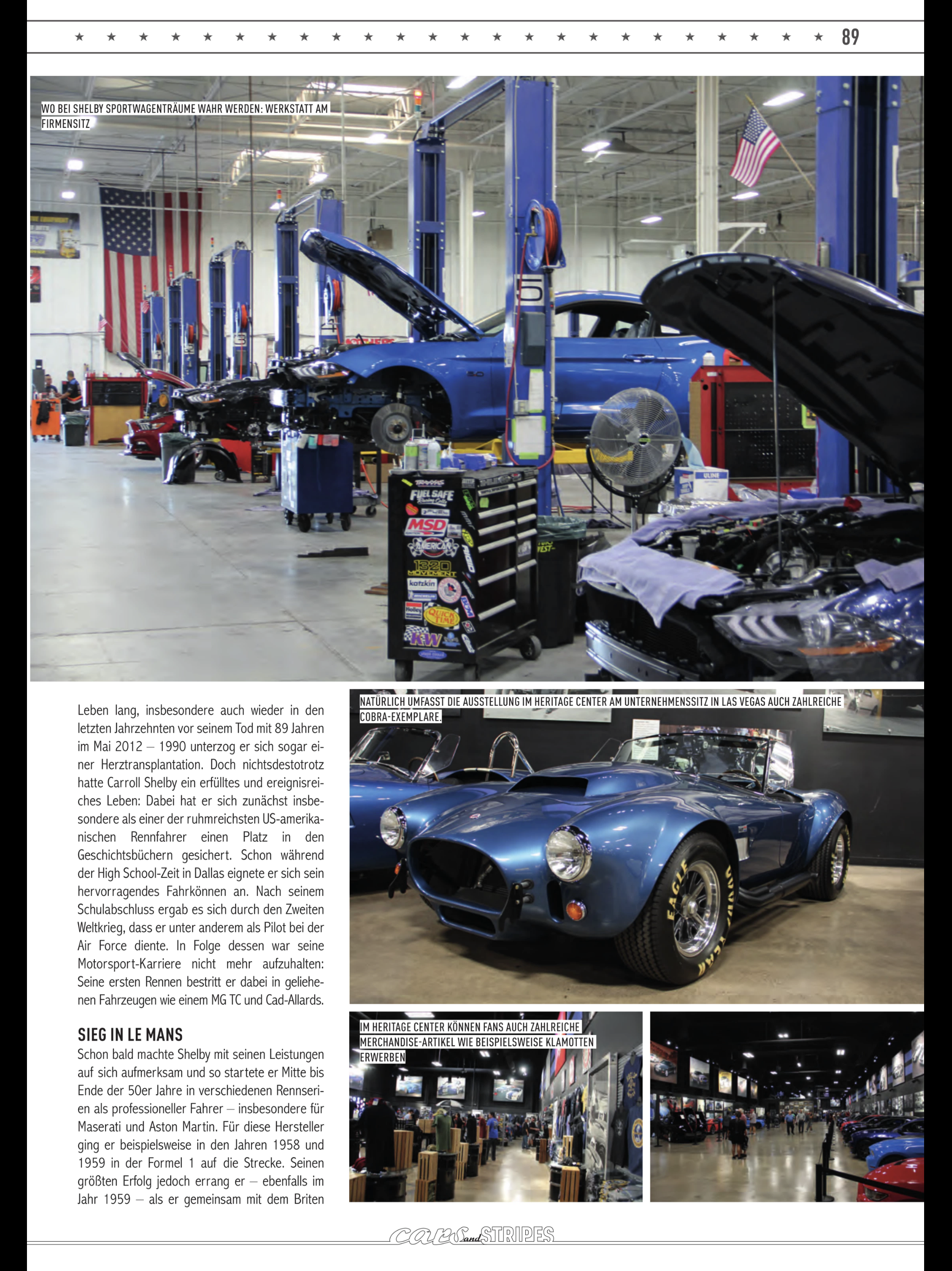 Cars & Stripes — page 89, Shelby American workshop floor with Mustangs on lifts and Cobra display