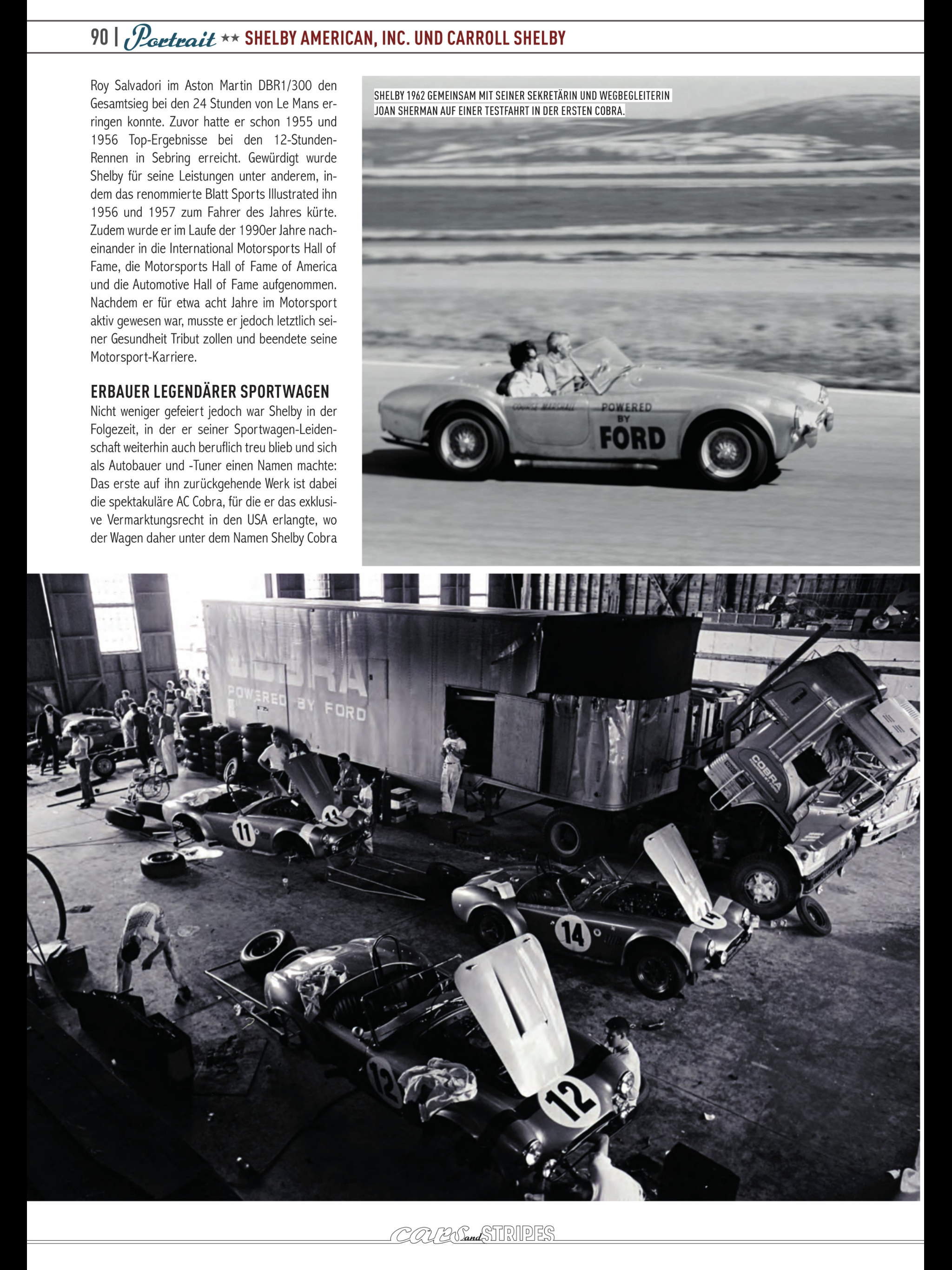 Cars & Stripes — page 90, Carroll Shelby 1962 test drive in first Cobra with Joan Sherman, and Cobra Powered by Ford race team