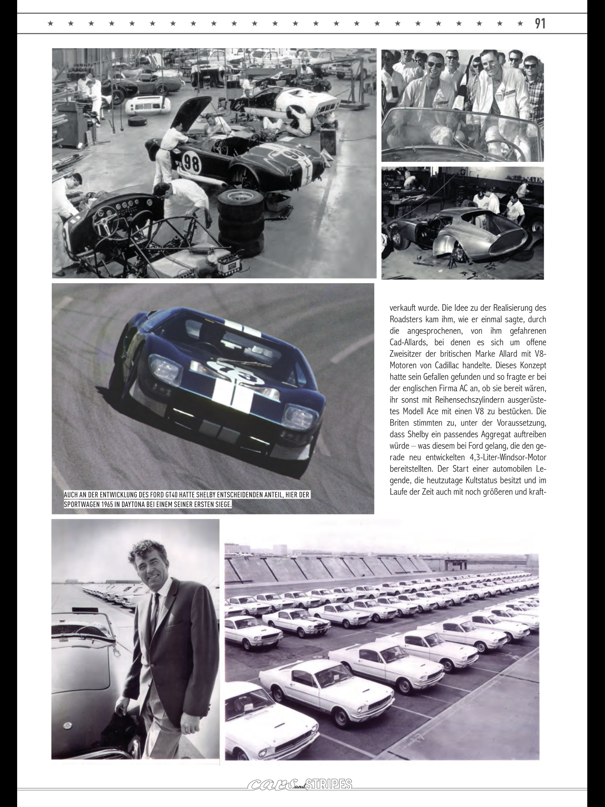 Cars & Stripes — page 91, Ford GT40 at Daytona 1965, Carroll Shelby portrait, and fleet of white Mustangs at factory