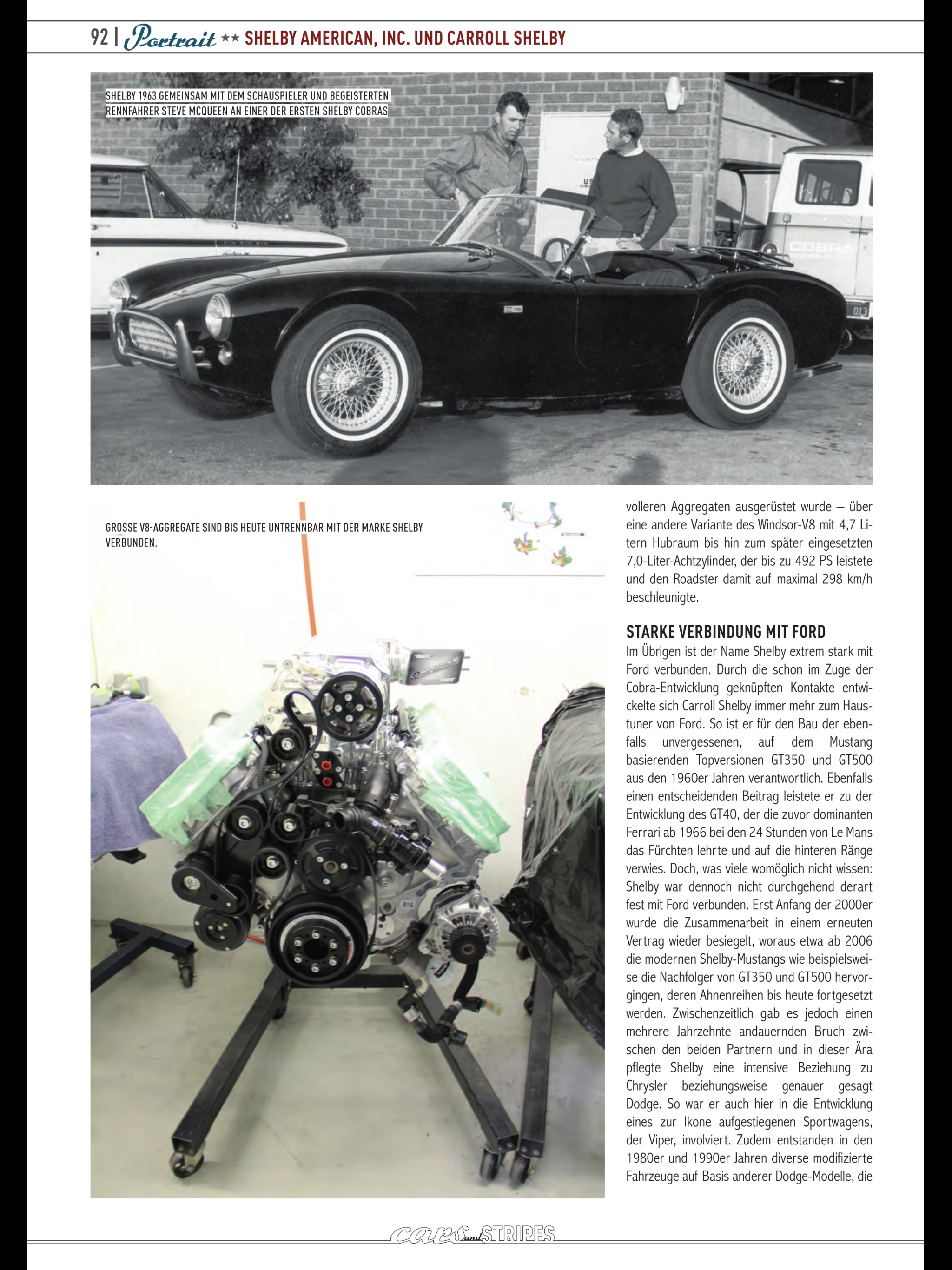 Cars & Stripes — page 92, Carroll Shelby and Steve McQueen with first Cobra 1963, and supercharged V8 engine on stand