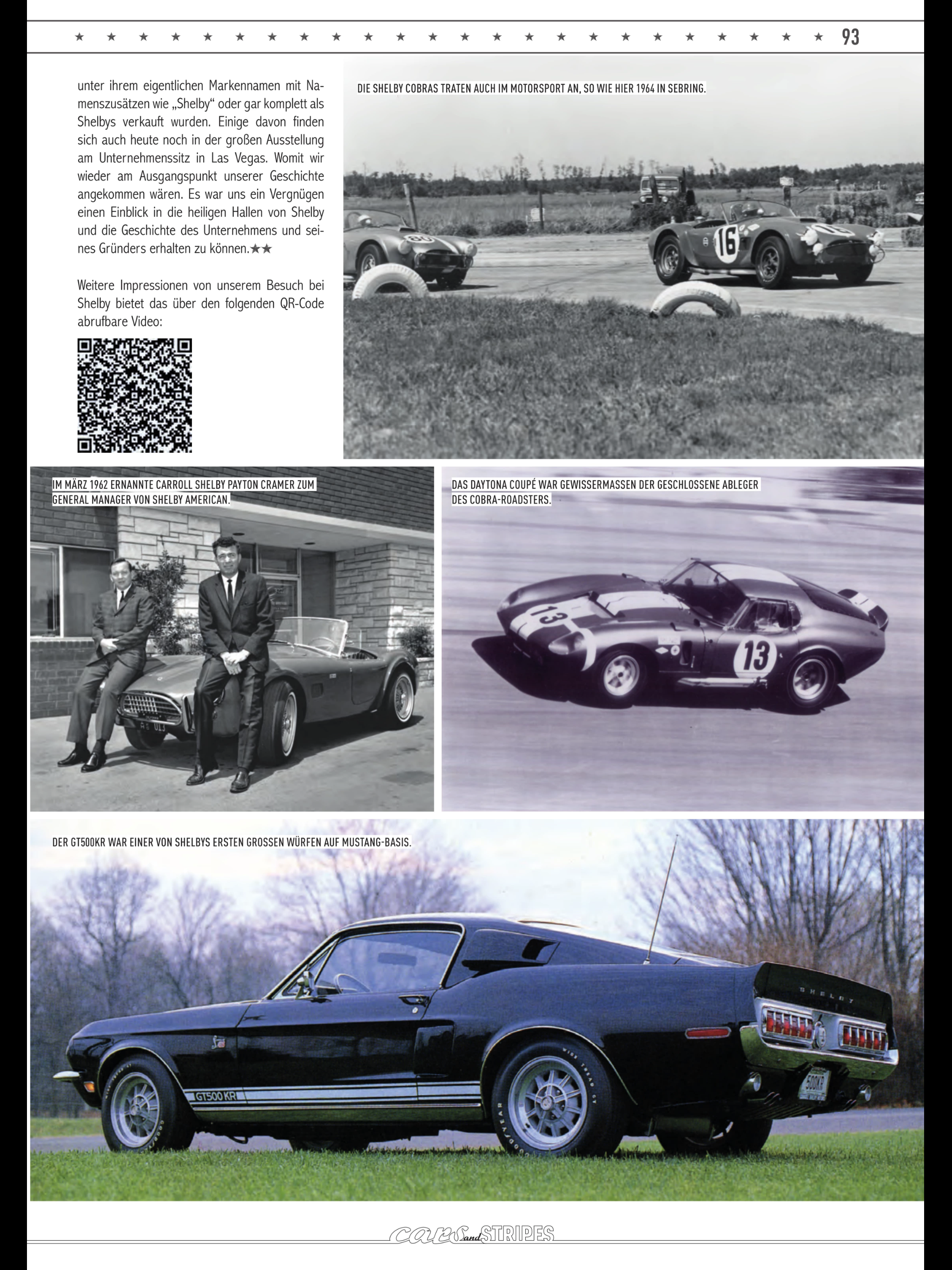 Cars & Stripes — page 93, Shelby Cobras racing at Sebring 1964, Daytona Coupé number 13, and GT500KR Mustang