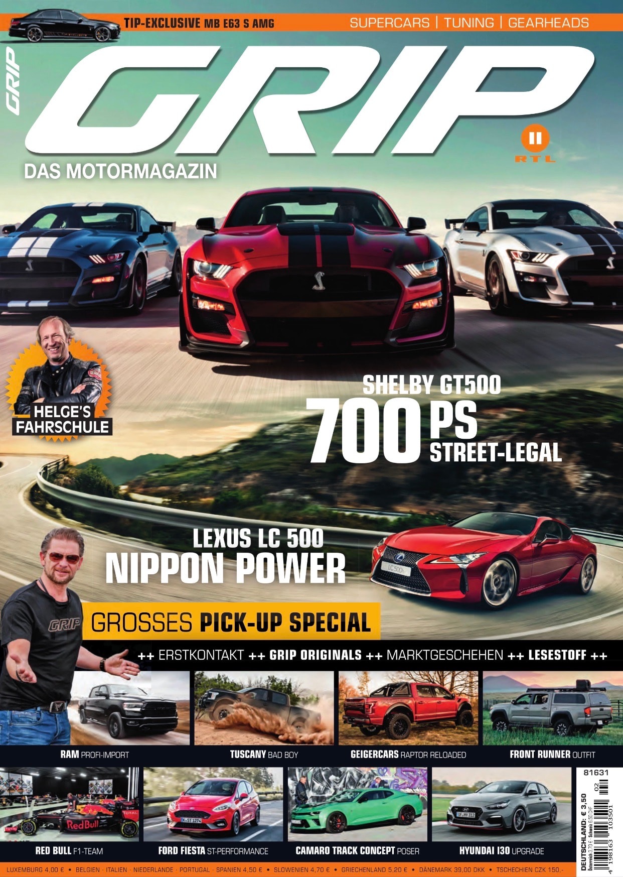 GRIP 02/19 cover — three Shelby GT500 Mustangs on mountain road, 700 PS street-legal headline