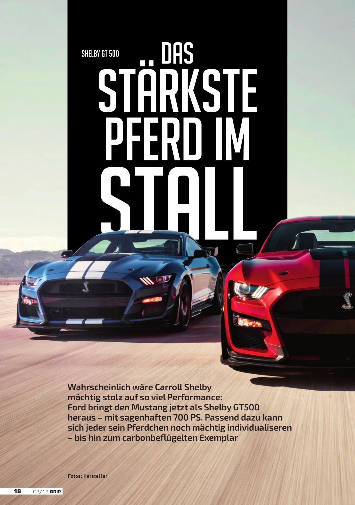 GRIP — Das Stärkste Pferd im Stall opening page 18, blue and red Shelby GT500 on desert road