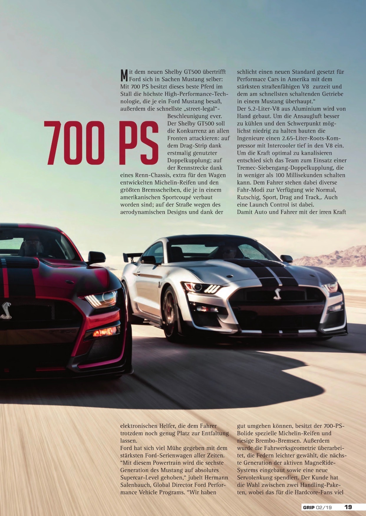GRIP — Shelby GT500 page 19, 700 PS headline with silver GT500 and technical detail