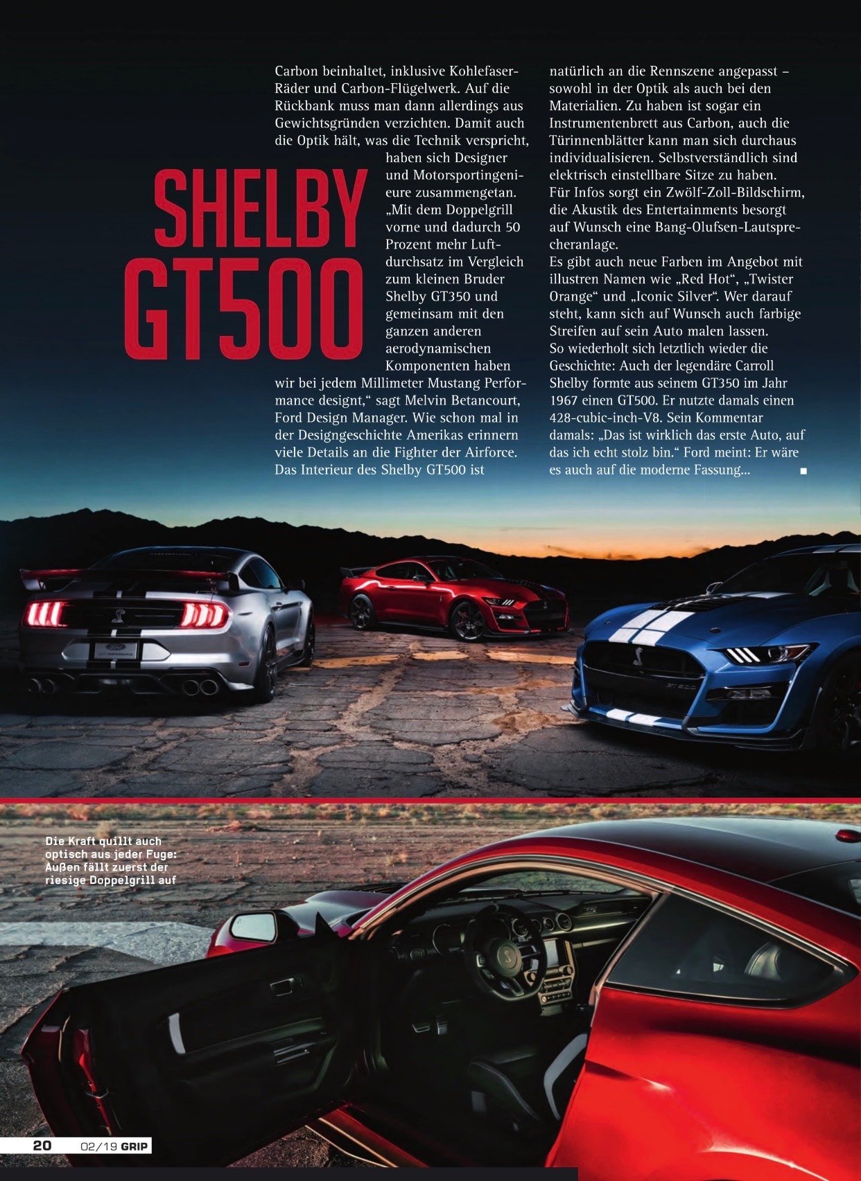 GRIP — Shelby GT500 page 20, three GT500s at night and interior detail