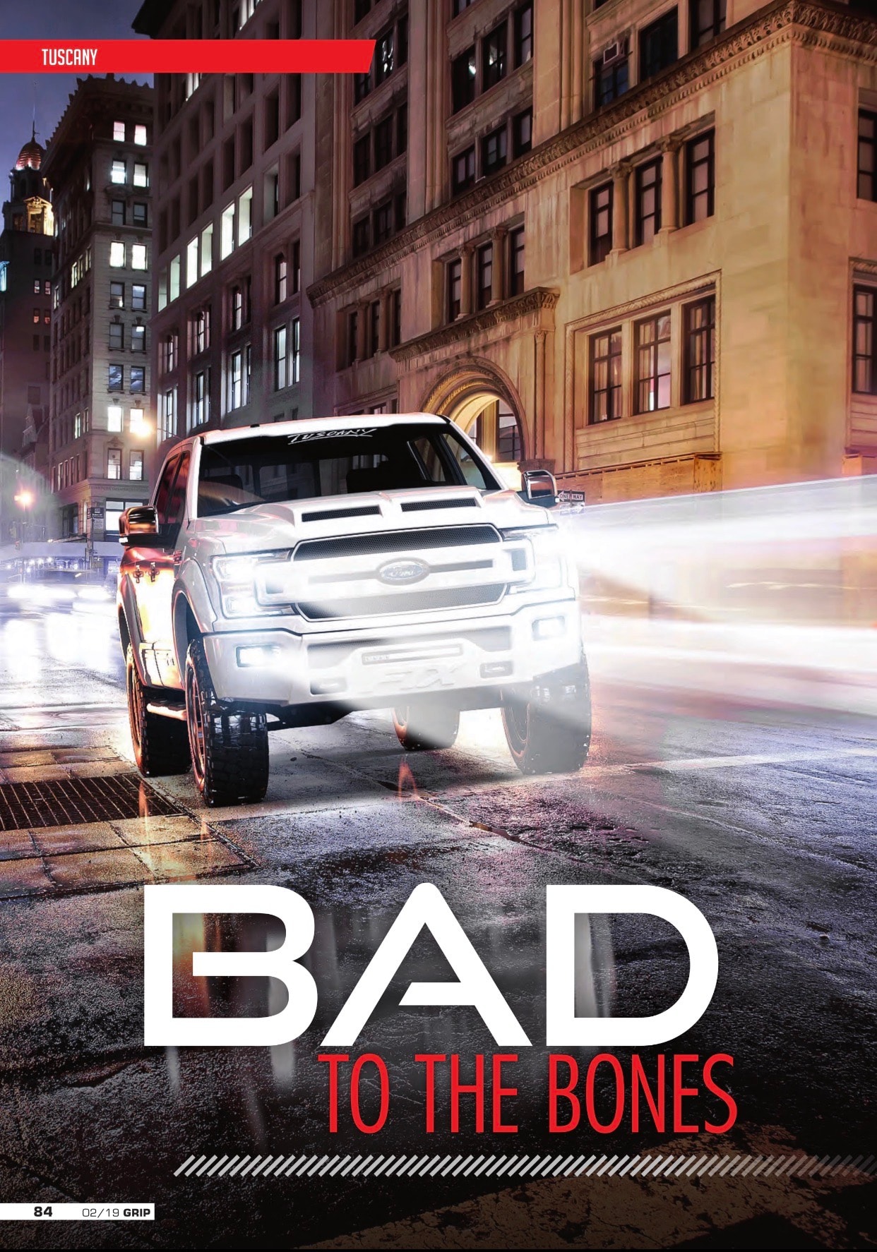 GRIP — Bad to the Bones page 84, white Tuscany-modified Ford F-150 driving through city at night