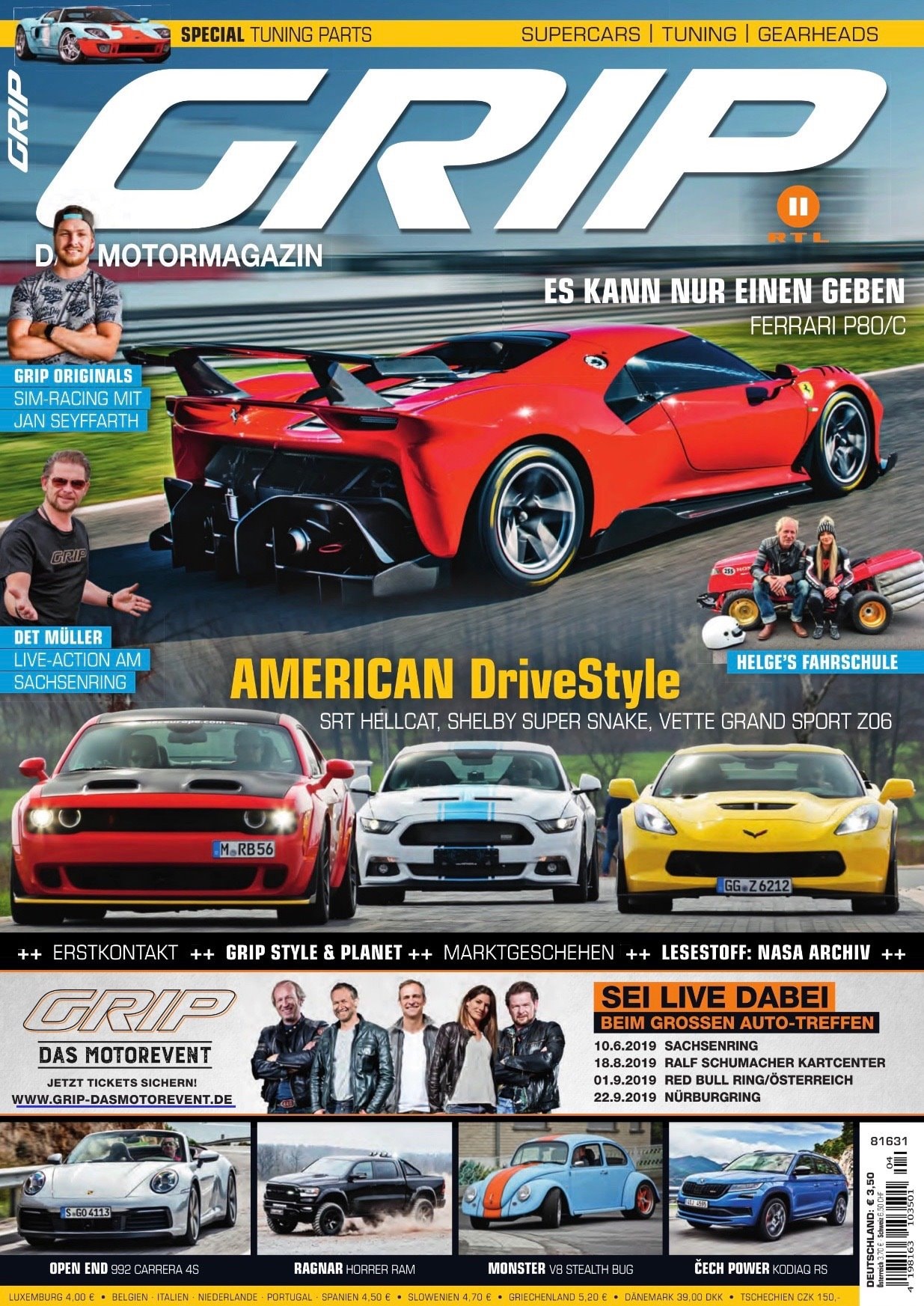GRIP 04/19 cover — Ferrari P80/C lead story, American DriveStyle strip with Shelby Super Snake, SRT Hellcat and Corvette Grand Sport Z06