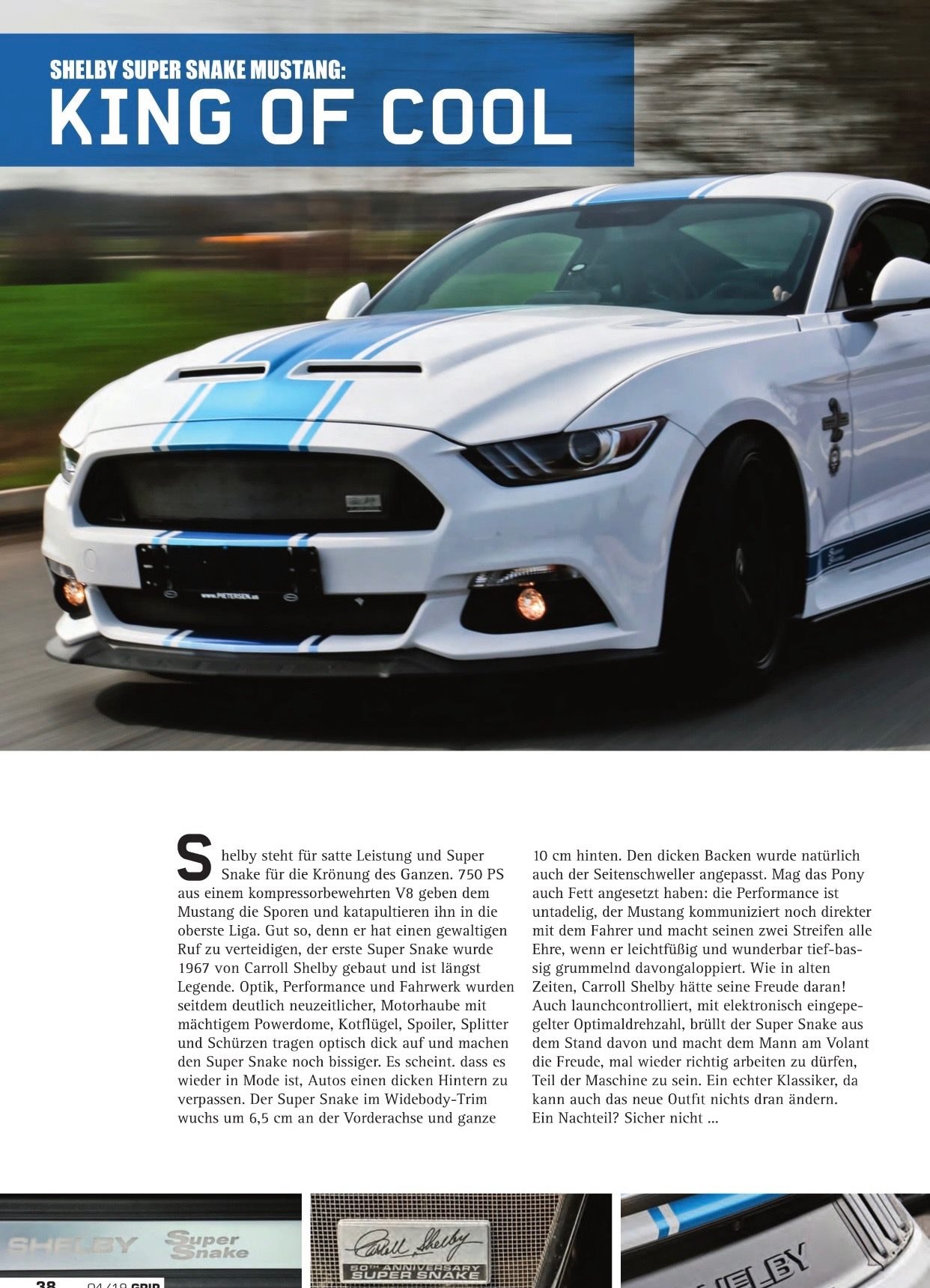 GRIP — Shelby Super Snake Mustang: King of Cool page 38, white 750 PS Super Snake Widebody with blue stripes and 50th Anniversary badge driving on country road