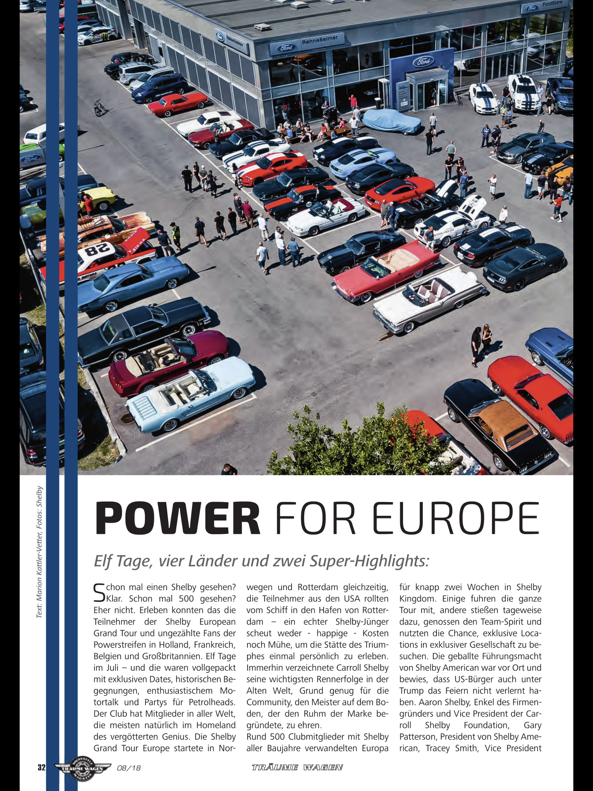 Träume Wagen — Power for Europe opening spread, aerial view of Shelby Grand Tour Rotterdam kick-off