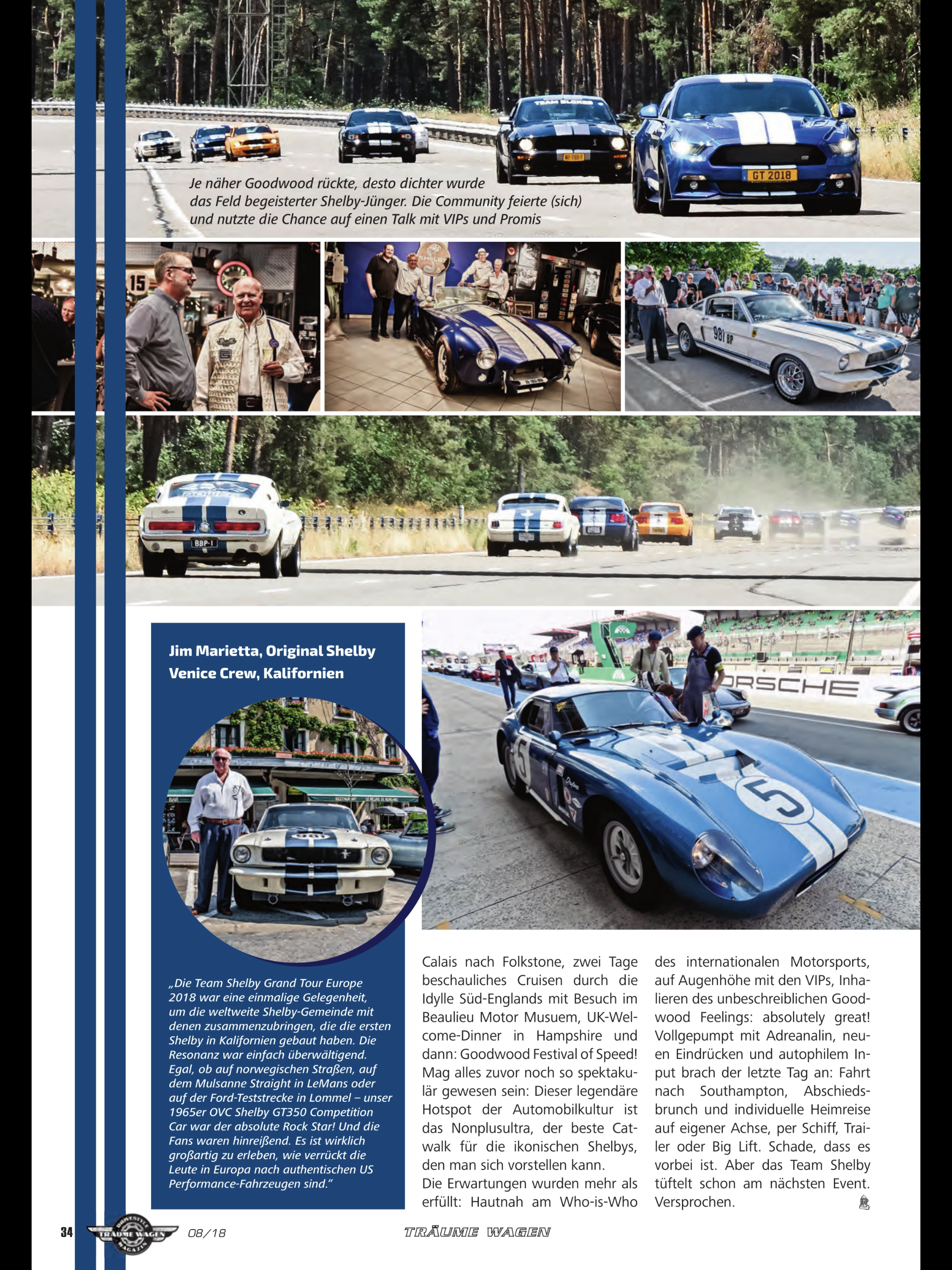 Träume Wagen — Power for Europe page 34, Jim Marietta quote and Goodwood Festival of Speed Shelby convoy