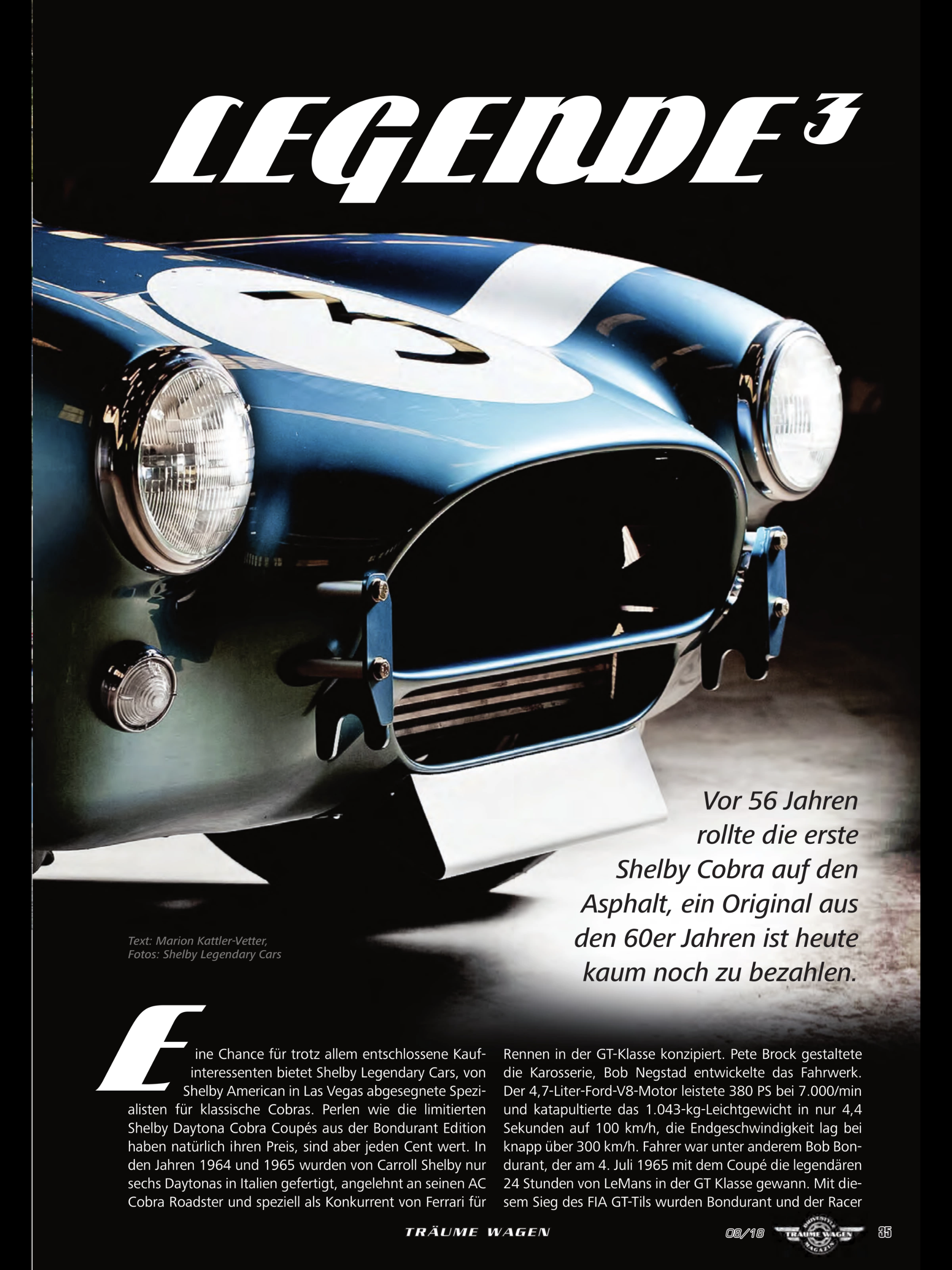 Träume Wagen — Legende³ opening page, dramatic close-up of blue Shelby Cobra CSX2345 nose and headlights