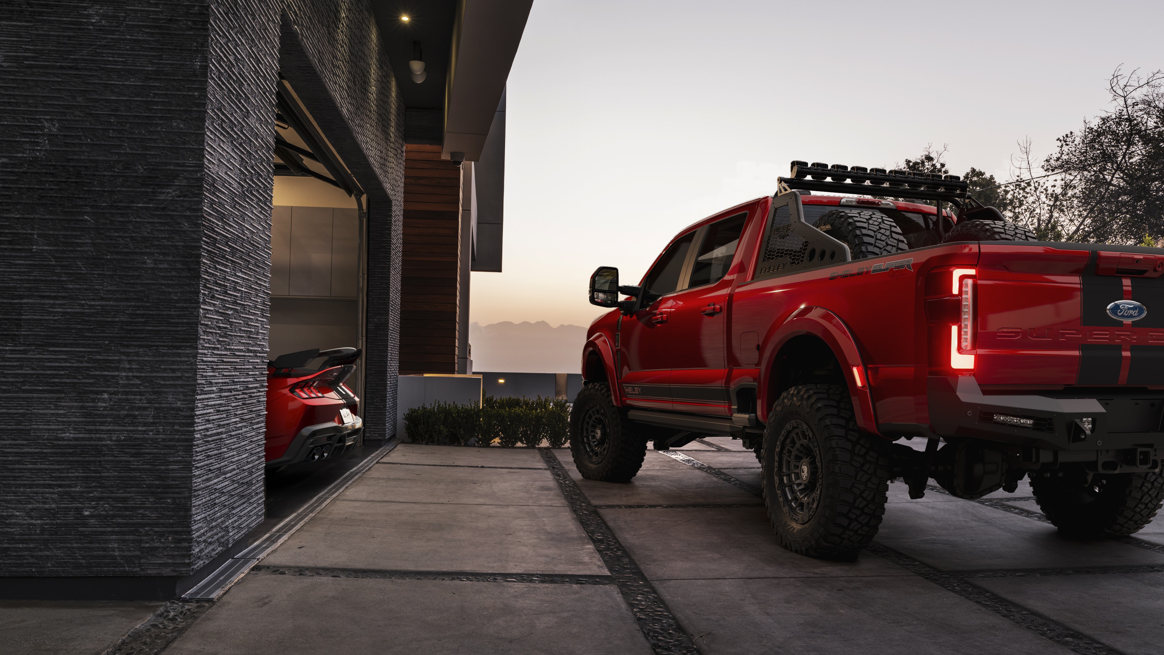 2026 Shelby F-250 Super Baja red rear modern driveway