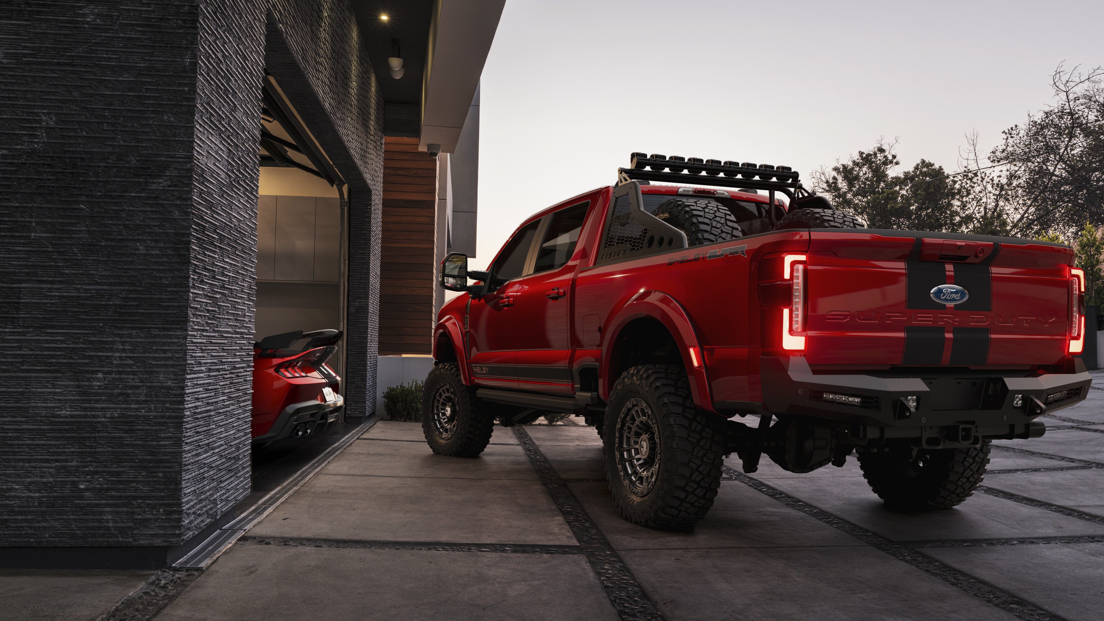 2026 Shelby F-250 Super Baja red rear fully framed driveway