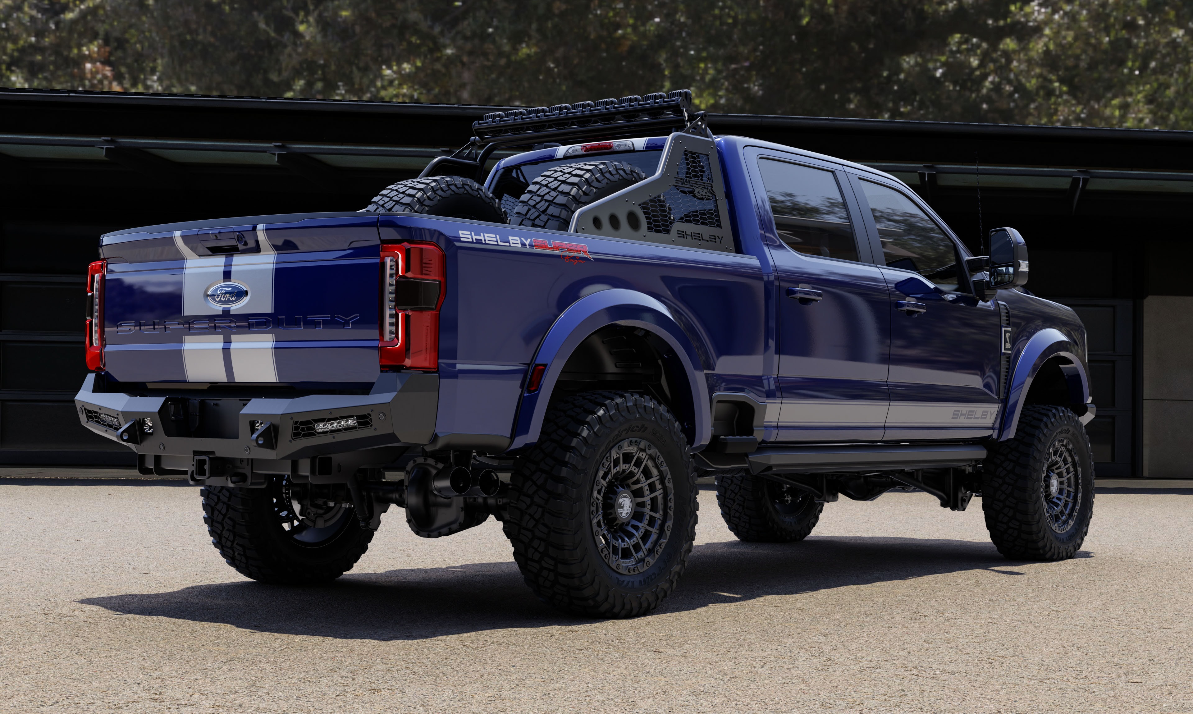 2026 Shelby F-250 Super Baja argon blue silver stripe rear