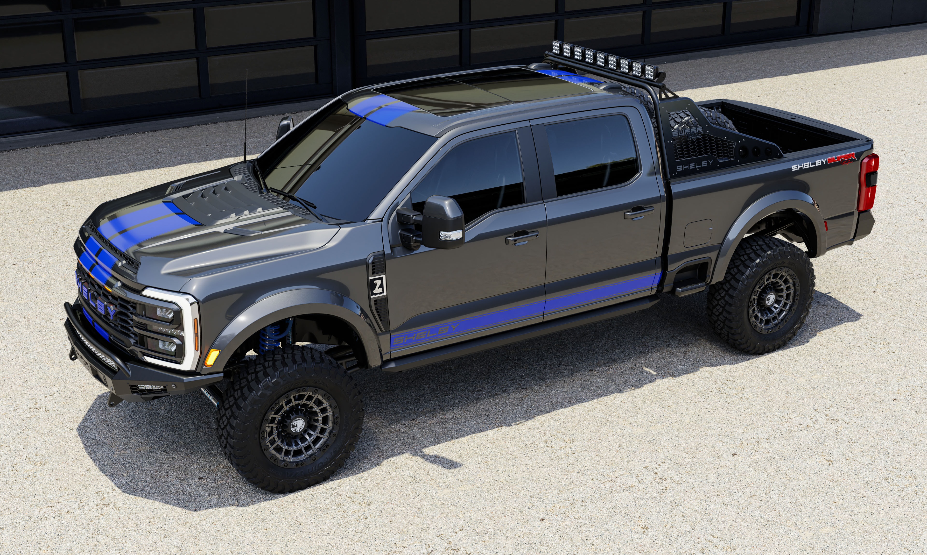 2026 Shelby F-250 Super Baja carbonized grey blue stripes overhead