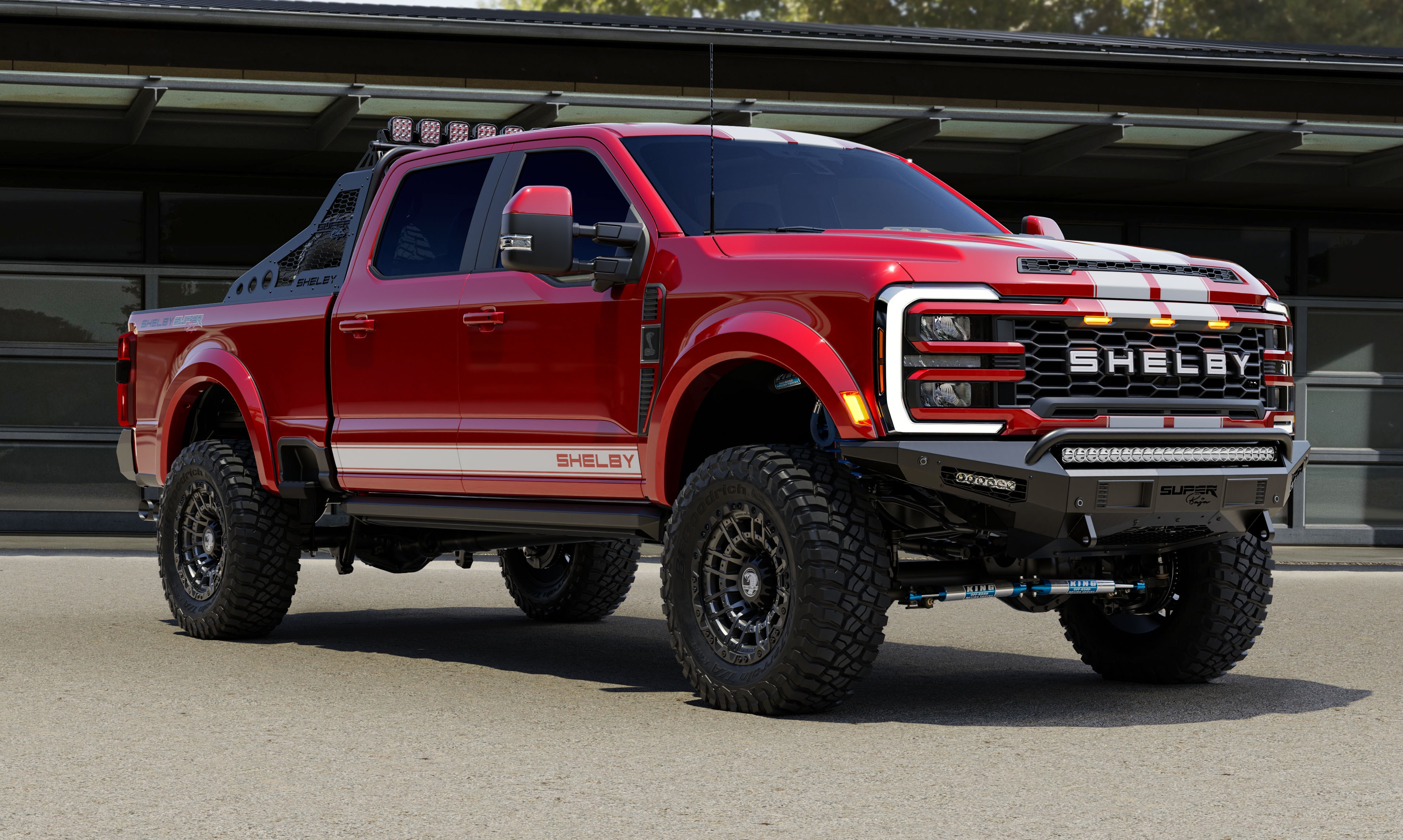 2026 Shelby F-250 Super Baja ruby red white stripe front 3/4