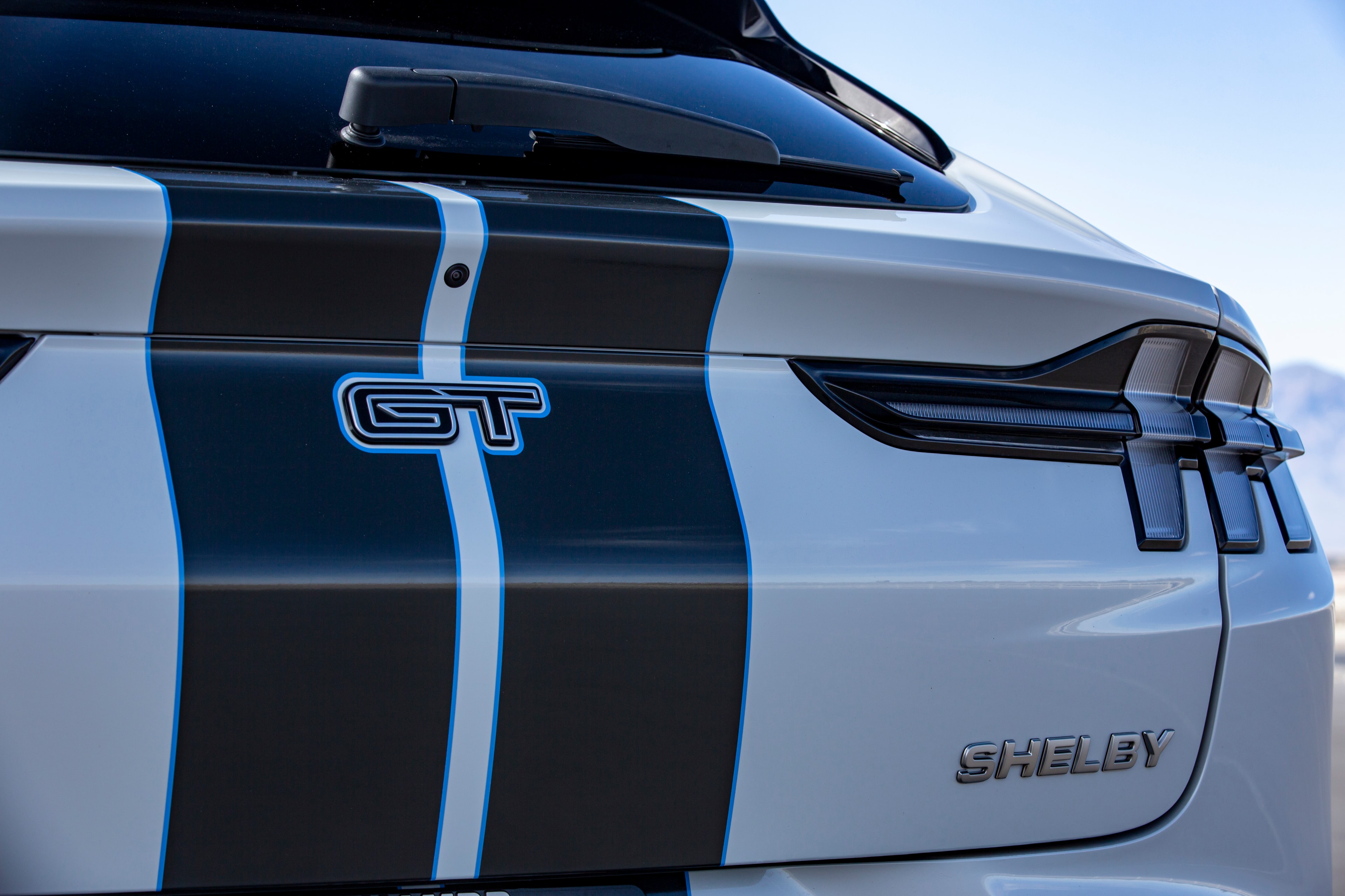 Shelby Mach-E GT rear GT badge and racing stripes detail